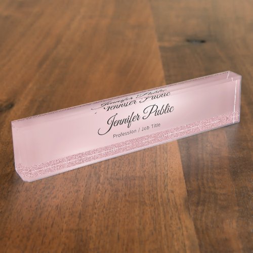 Handwritten Script Rose Gold Glitter Classy Modern Desk Name Plate