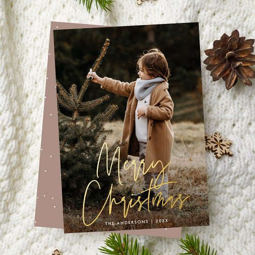 Handwritten Script Rose Taupe Merry Christmas Foil Holiday Card