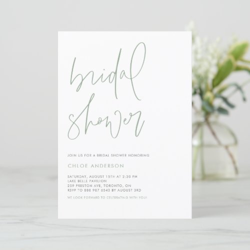 Handwritten Script Sage Green Bridal Shower Invitation