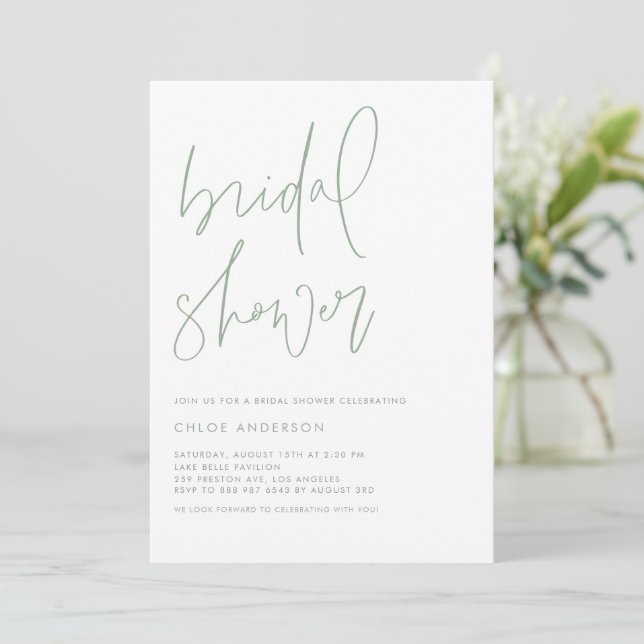 Handwritten Script Sage Green Bridal Shower Invitation (Standing Front)