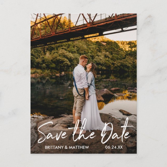 Handwritten Script Save the Date Couple Photo Postcard (Front)