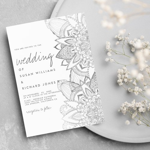 Handwritten script silver floral mandala wedding invitation