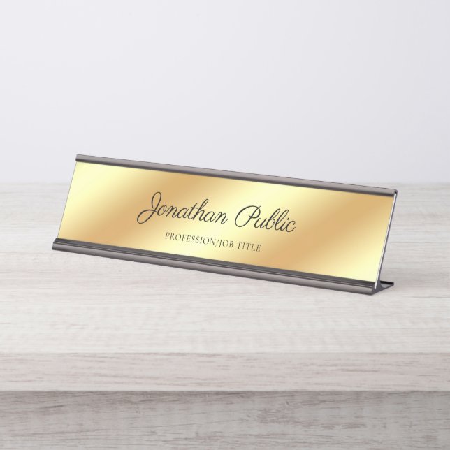 Handwritten Script Template Modern Simple Gold Top Desk Name Plate (Front)