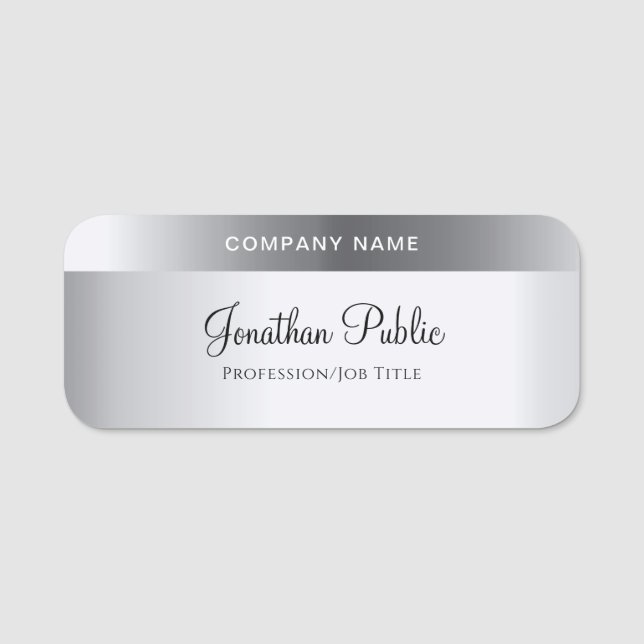 Handwritten Script Text Elegant Silver Template Name Tag (Front)