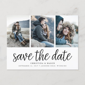 Handwritten Script Three Photo Save the Date Announcement Postcard
