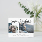 Handwritten Script Two Photo Save the Date Announcement Postcard (Standing Front)