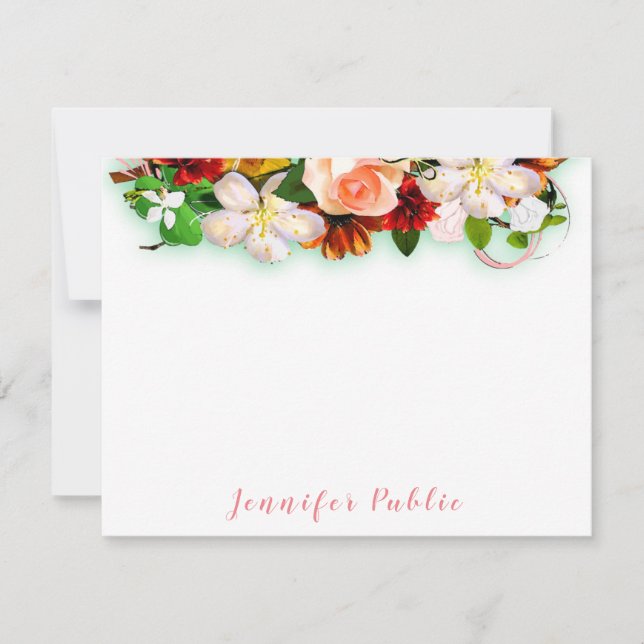 Handwritten Script Watercolor Flowers Colorful Note Card (Front)