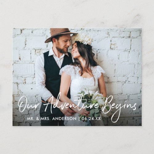 Handwritten Script Wedding Our Adventure Thank You Postcard