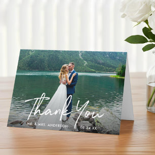 Handwritten Script Wedding Photo Fold Letterpress Thank You Card