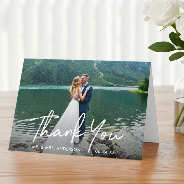 Handwritten Script Wedding Photo Fold Thank You Card (Customize to add text to inside of card.)