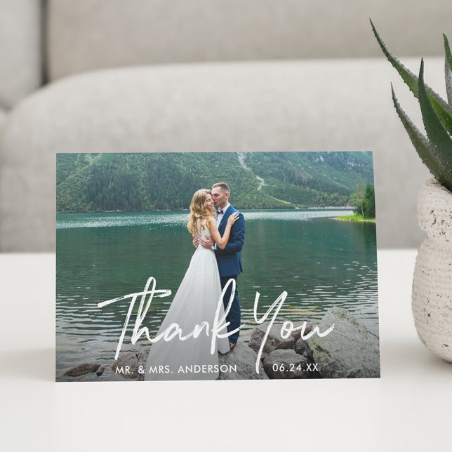 Handwritten Script Wedding Photo Note Letterpress Thank You Card (Customize to add text or more photos inside of card.)