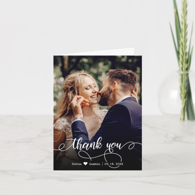 Handwritten Script Wedding Photo Thank You Card (Front)