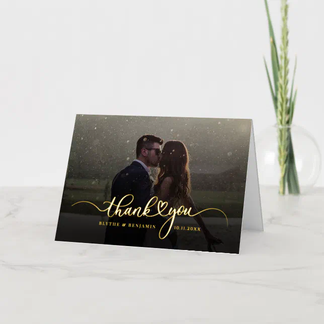Handwritten Script Wedding Photo Thank You Gold Foil Greeting Card | Zazzle