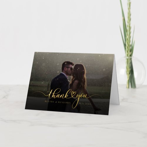 Handwritten Script Wedding Photo Thank You Gold Foil Greeting Card