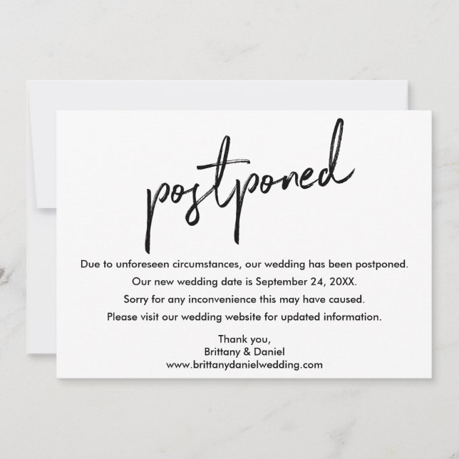 Handwritten Script Wedding Postponed New Date Card (Front)