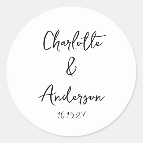 Handwritten Script Whimsical White Custom Wedding Classic Round Sticker