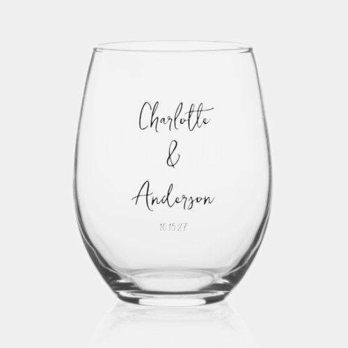 Handwritten Script Whimsical White Custom Wedding Stemless Wine Glass