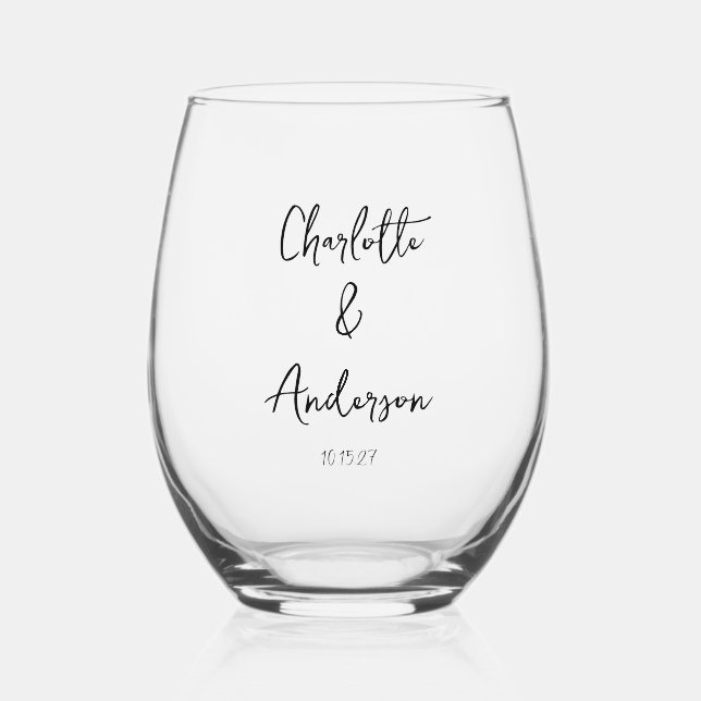 Handwritten Script Whimsical White Custom Wedding Stemless Wine Glass (Front)