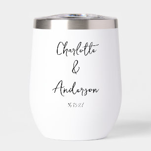 Handwritten Script Whimsical White Custom Wedding Thermal Wine Tumbler