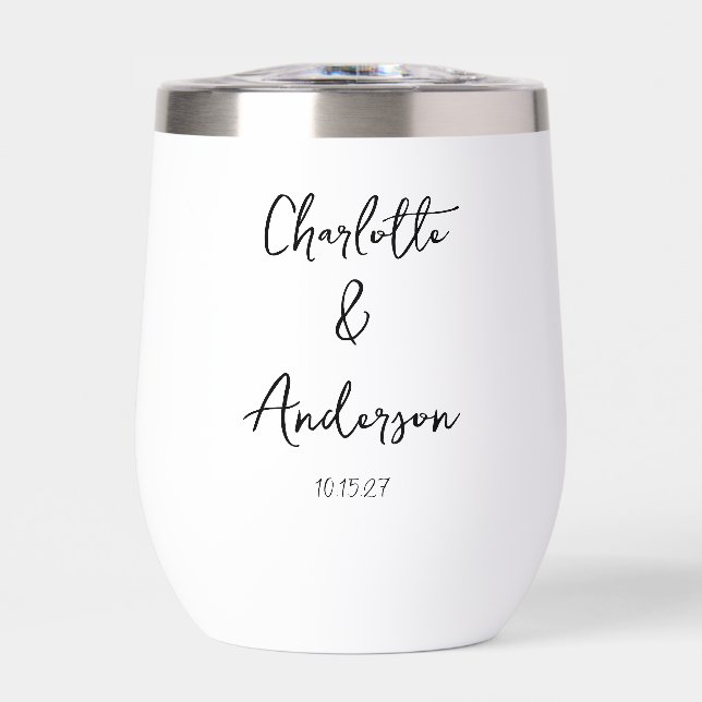 Handwritten Script Whimsical White Custom Wedding Thermal Wine Tumbler (Front)