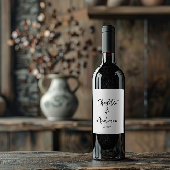 Handwritten Script Whimsical White Custom Wedding Wine Label (Creator Uploaded)