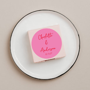Handwritten Script Whimsy Pink Red Custom Wedding Classic Round Sticker