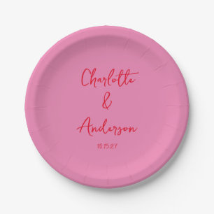 Handwritten Script Whimsy Pink Red Custom Wedding Paper Plates