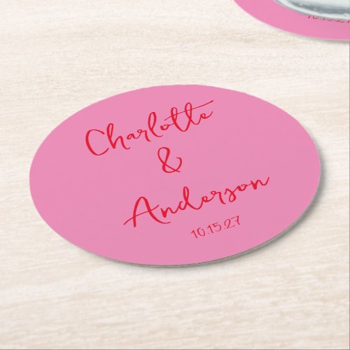 Handwritten Script Whimsy Pink Red Custom Wedding Round Paper Coaster