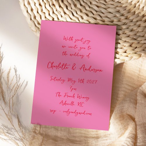 Handwritten Script Whimsy Pink Red Wedding Invitation