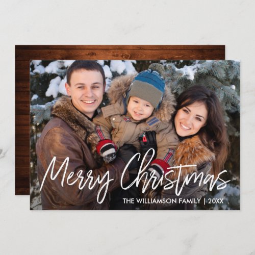 Handwritten Script Wood Christmas Family Photo Holiday Card