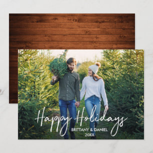 Handwritten Script Wood Happy Holidays Photo Holiday Card