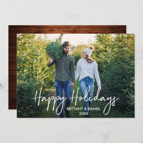 Handwritten Script Wood Happy Holidays Photo Holiday Card