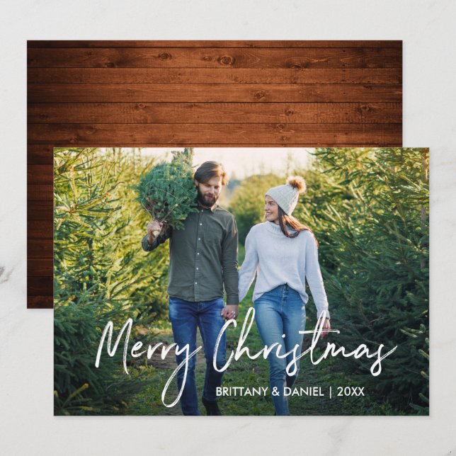 Handwritten Script Wood Merry Christmas Photo Holiday Card (Front/Back)