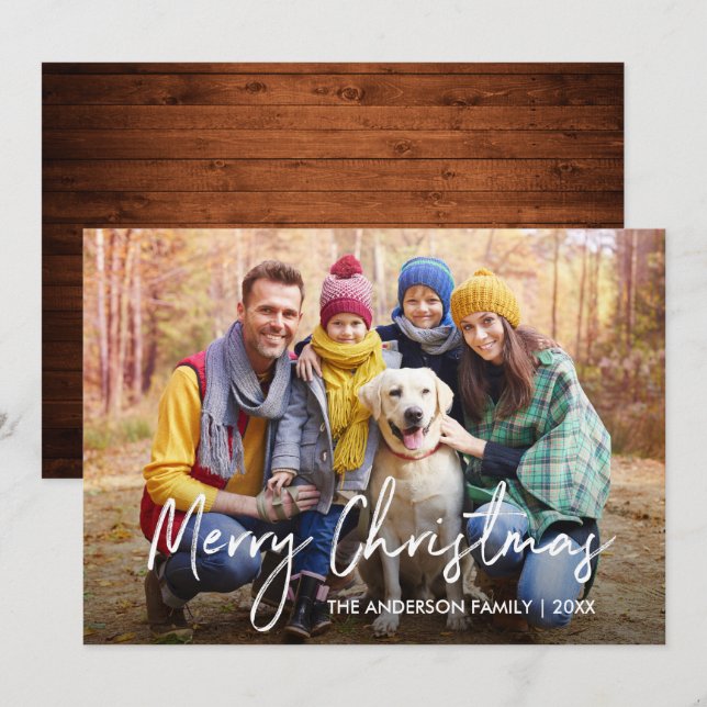 Handwritten Script Wood Merry Christmas Photo Holiday Card (Front/Back)