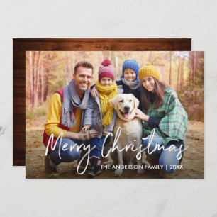 Handwritten Script Wood Merry Christmas Photo Holiday Card