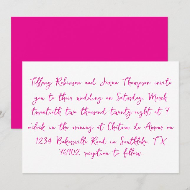Handwritten Style White and Hot Pink Wedding Invitation (Front/Back)
