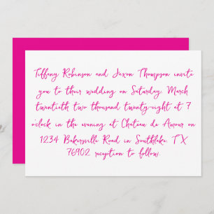 Handwritten Style White and Hot Pink Wedding Invitation