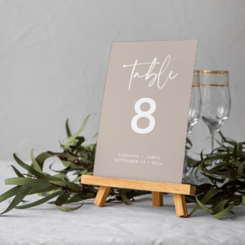 Handwritten Taupe Calligraphy Script Wedding  Table Number