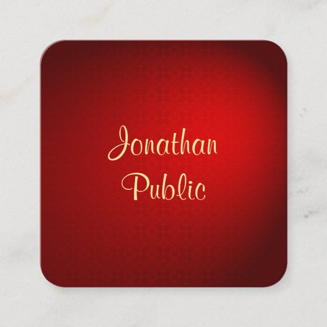 Handwritten Template Elegant Red Damask Gold Text Square Business Card (Front)