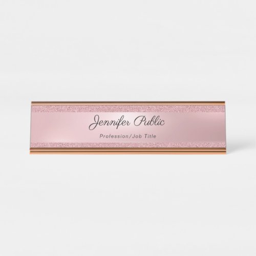 Handwritten Text Elegant Rose Gold Glitter Modern Desk Name Plate