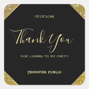 Handwritten Thank You Script Text Gold Glitter Top Square Sticker