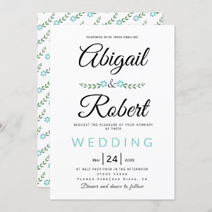 Handwritten typography aqua flowers simple wedding invitation