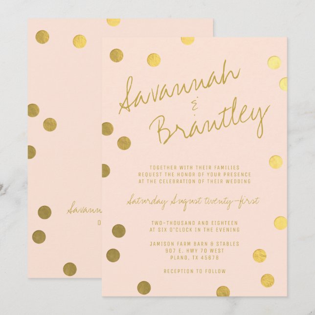 Handwritten Typography Gold Foil Confetti Wedding Invitation (Front/Back)
