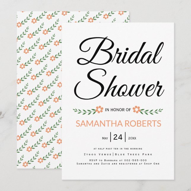 Handwritten typography peach bridal shower wedding invitation (Front/Back)