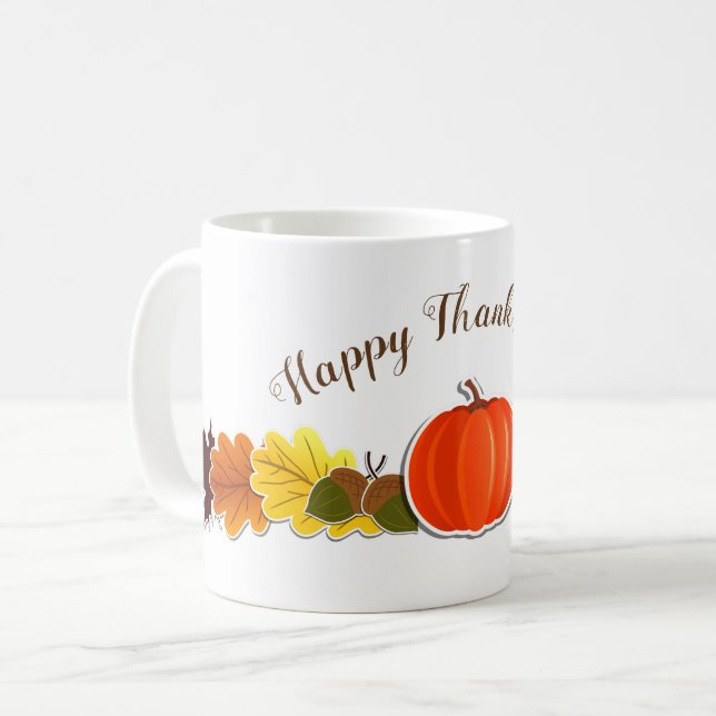Handwritten typography pumpkin leaves Thanksgiving Coffee Mug (Front Left)