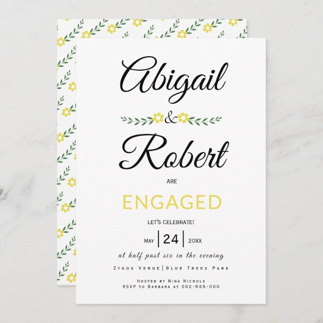 Handwritten typography yellow flowers engagement invitation (Front/Back)