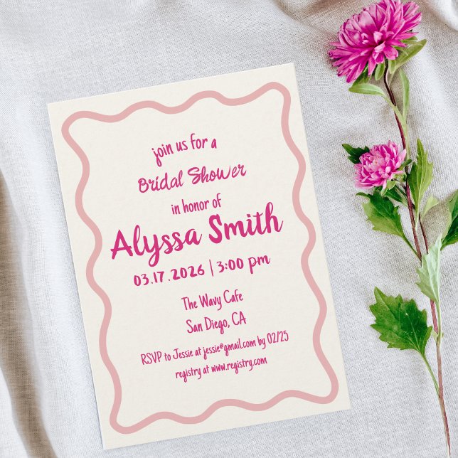 Handwritten Wavy Border Girly Pink Bridal Shower Invitation (Creator Uploaded)
