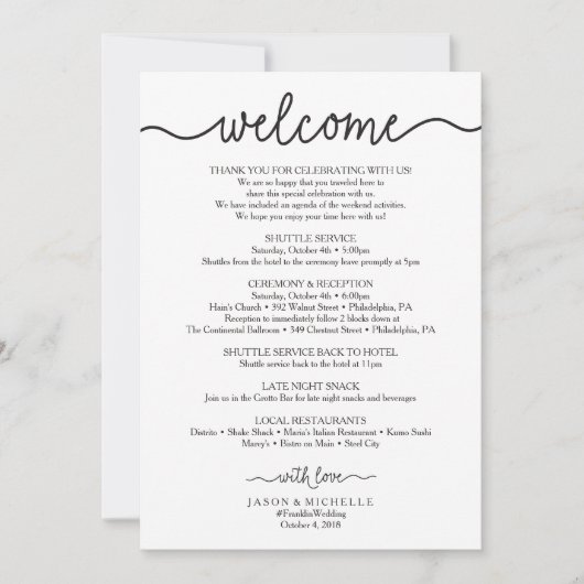 Handwritten Wedding Itinerary - Wedding Welcome (Front)