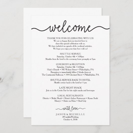 Handwritten Wedding Itinerary - Wedding Welcome (Front/Back)