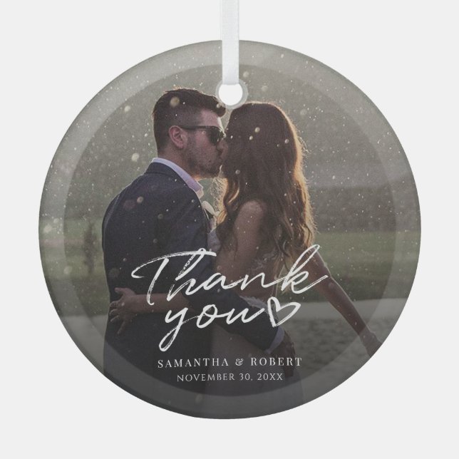 Handwritten Wedding Photo Thank You Christmas Glass Ornament (Front)